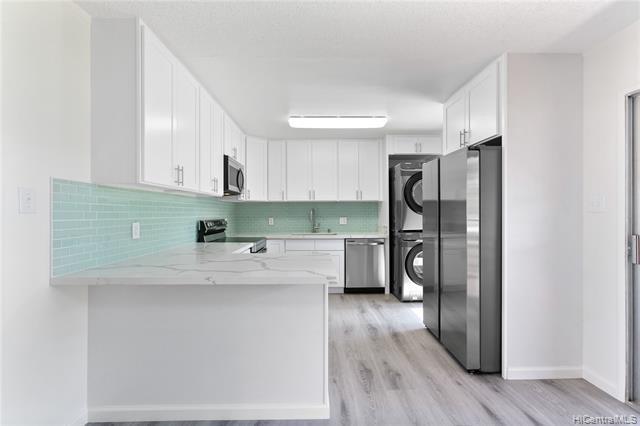 New kitchen cabinets, appliances, counters, backsplash, flooring.