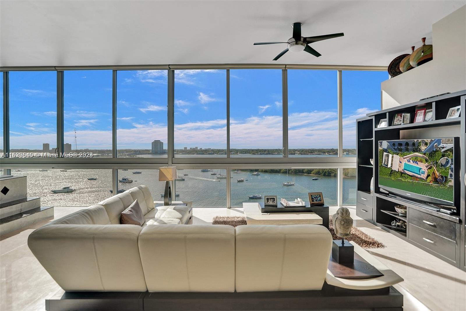 Stunning Waterfront Bay Views from the 9th Floor in North Bay Village Harbor Island.  10+ High Ceili