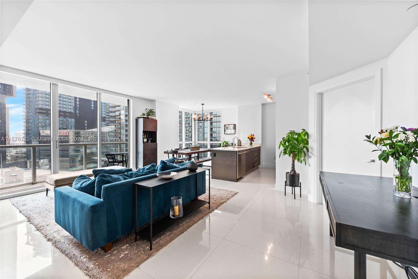 Spacious corner residence at 500 Brickell West, on the side of the building facing away from the con