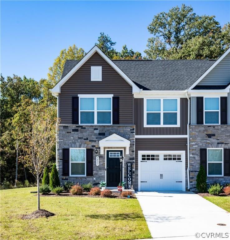 Opportunity now for a comfortable lifestyle rather than waiting for new construction! Luxury 2-story end-unit townhome in Austin Woods, new first-floor owner's suite townhomes community off route 10 in Chesterfield! Well-maintained, clean and move-in ready! Opportunity for comfortable living now rather than waiting for new construction. Features/upgrades: first floor owner's suite, stainless steel appliances, quartz counter-tops, ceramic tile surrounds in bathrooms, walk-in closets, covered rear porch, surround sound system, ceiling fans w/lights.  Luxury vinyl plank and carpet flooring. Stone and vinyl siding. HOA provides limited exterior maintenance (no need for a lawnmower or garden tools!). First level: living room, dining room, kitchen, laundry room, rear covered porch, 1-car garage. Second level: two bedrooms and full bathroom. Includes over $40k in upgrades. Refrigerator, washer and dryer included. Convenient to major roads, dining and shopping, Come view to imagine the next chapter in your life!